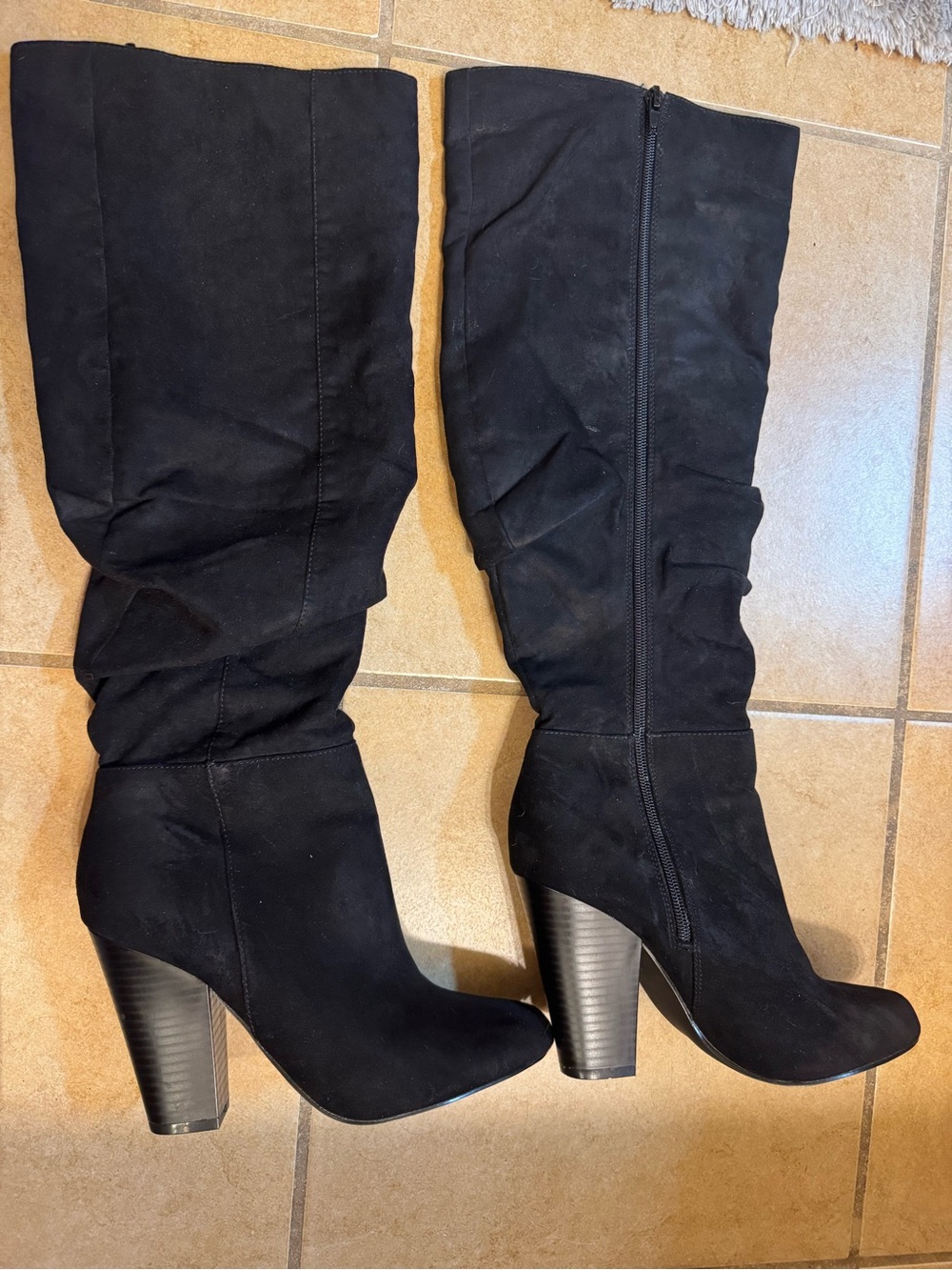 Black Faux Suede Knee-High Heeled Boots - Women's Fashion Boot